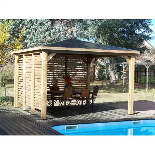 Pool house Blueterm bois thermochauffé 3,50 x 3,50 m - 2 parois avec ventelles mobiles - HABRITA Expédié Aujourd'hui