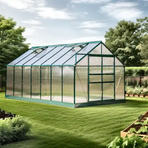 Soldes Serre de jardin en aluminium - 10,37 m² - Polycarbonate 6 mm, base acier, 4 fenêtres de toit - HABRITA