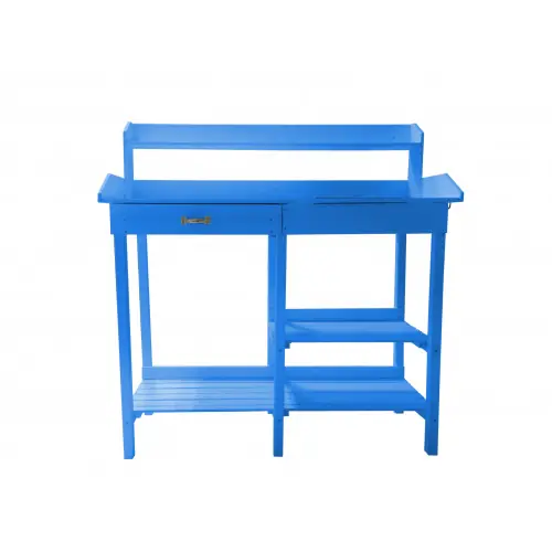 Top Vente Table de Rempotage en Bois Lasuré Bleu – Avec Étagères, Bac et Tiroir – HABRITA
