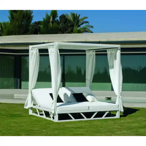 Balinaise bain de soleil double – BALINESA-210-C-CORTINAS-LUX – Aluminium blanc – Rideaux et toit textilène – 2 places – HEVEA Prix Promo