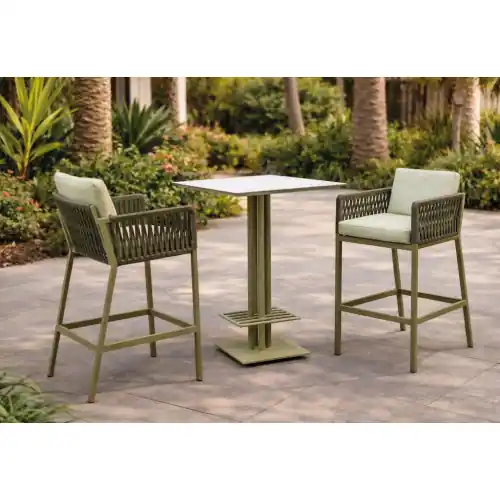 Commande En Gros Ensemble bistrot bar – CANVAS CATANIA – Table haute – 2 tabourets bar avec coussins – Plateau HPL blanc – 2 places – HEVEA