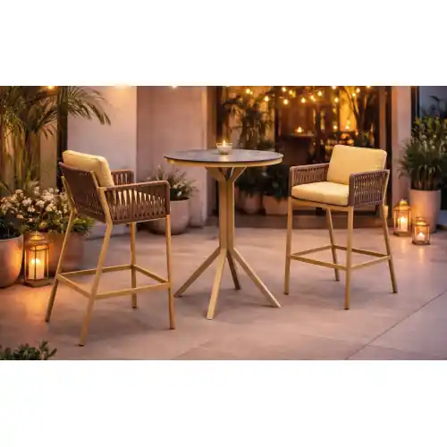 Prix Cassé Ensemble bistrot bar – GIGLIO CATANIA – Table haute Ø80 cm et 2 tabourets bar avec coussins – Plateau HPL – 2 places – HEVEA