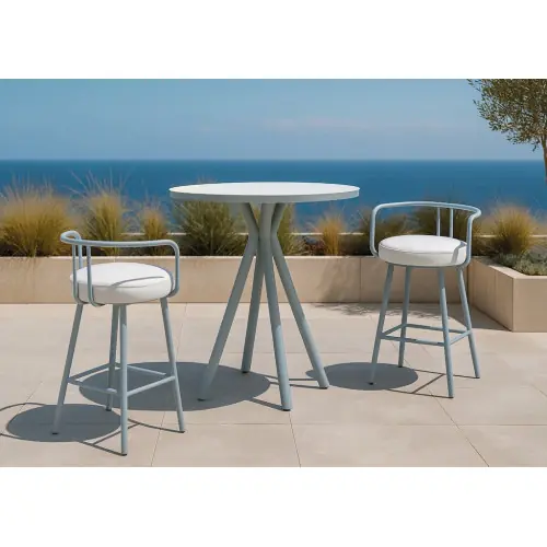 Ensemble bistrot bar NEMUS MARIET – Table bar Ø90 cm et 2 tabourets imperméables – Plateau HPL blanc – 2 places – HEVEA Usine Directe