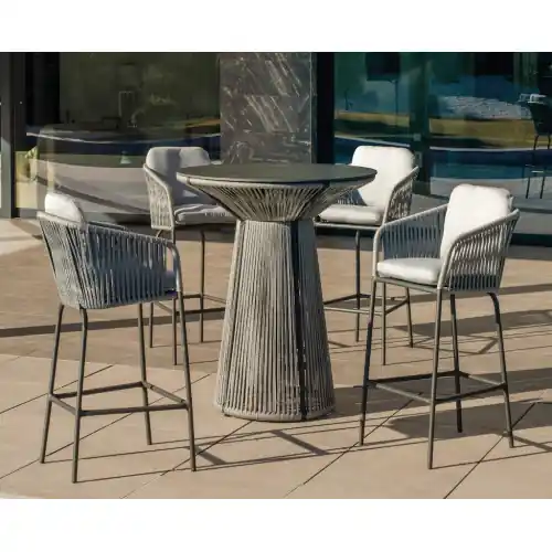Ensemble bistrot bar – RODHOS TULIP – Table haute Ø90 cm et 4 tabourets avec coussins – Plateau HPL – 4 places – HEVEA Meilleure Vente