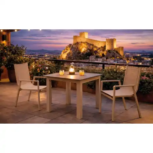 Meilleure Vente Ensemble bistrot CAMELIA SIDNEY – Table carrée 90 × 90 cm et 2 fauteuils en textilène – Plateau HPL Maderma – 2 places – HEVEA