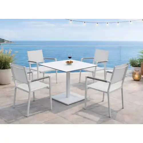 Marque Ensemble bistrot de jardin – BRISOL MOASIS – Table carrée 80 × 80 cm et 4 fauteuils en textilène – Plateau HPL blanc – 4 places – HEVEA