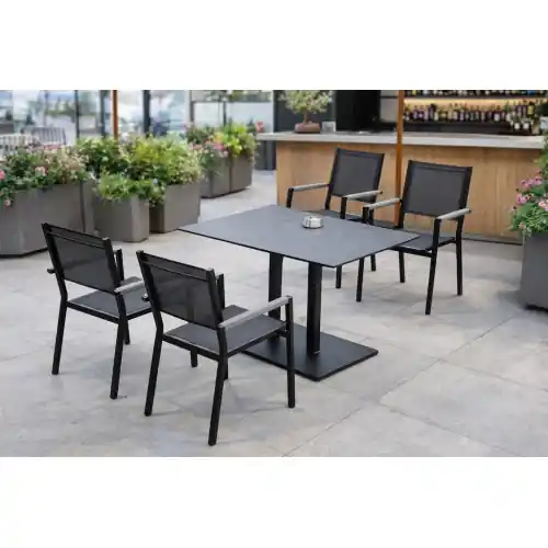 Offre Limitée Ensemble bistrot de jardin – BRISOL MOASIS – Table rectangulaire 130 × 80 cm et 4 fauteuils en textilène – Plateau HPL Argenta – – HEVEA