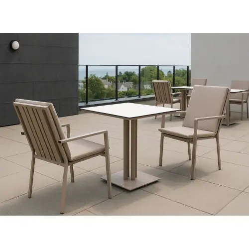 Prix Promo Ensemble bistrot de jardin – CANVAS 80 HPL PAOLA-3 LUX – Plateau HPL blanc – Fauteuils avec coussins – 2 places – HEVEA