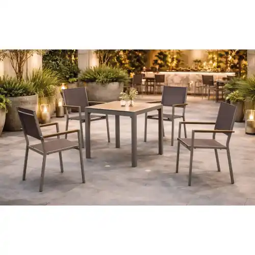 Commander Maintenant Ensemble bistrot de jardin – CORCEGA MOASIS – Table carrée 90 × 90 cm et 4 fauteuils en textilène – Plateau HPL Maderma – 4 plac – HEVEA