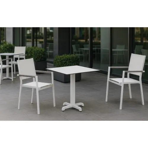 Produit De Marque Ensemble bistrot de jardin – LANZAROTE 80 x 80 HPL MOASIS-3 – Table carrée HPL – Fauteuils textilène – 2 places – HEVEA
