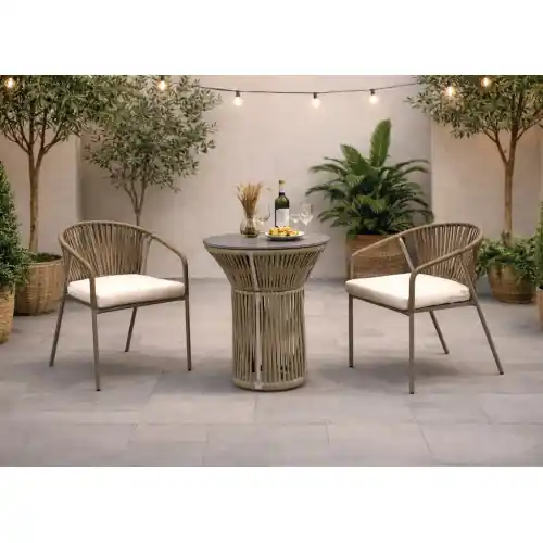 Meilleur Prix Ensemble bistrot de jardin – RODHOS ALDEREN – Table rond, 2 fauteuils avec coussins LUX – Plateau HPL effet marbre noir – 2 plac – HEVEA