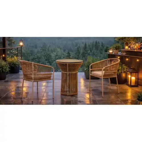 Ensemble bistrot de jardin – RODHOS MIAMI – Table ronde Ø60 cm et 2 fauteuils avec coussins LUX – Plateau HPL effet bois – 2 pla – HEVEA Expédition Rapide