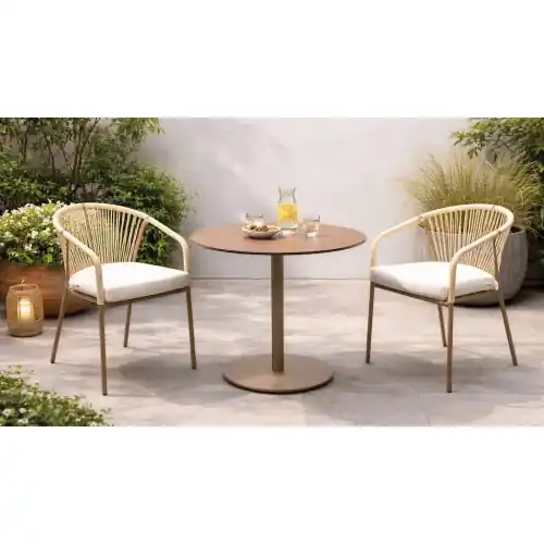 Expédition Rapide Ensemble bistrot de jardin – VASELIN Ø80 HPL ALDEREN-3 LUX – Plateau HPL effet bois – Fauteuils avec coussins – 2 places – HEVEA