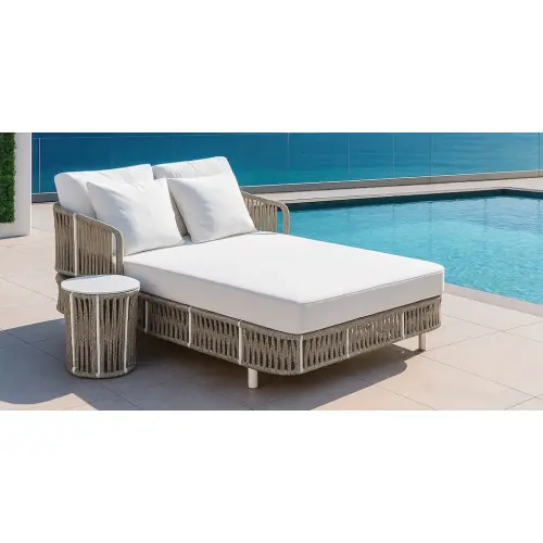 Promotion Saisonnière Lit de jardin double avec table d’appoint – REINUS-CAMA-MESA LUX – Aluminium blanc et corde champagne – Coussins Liso blanc – HEVEA