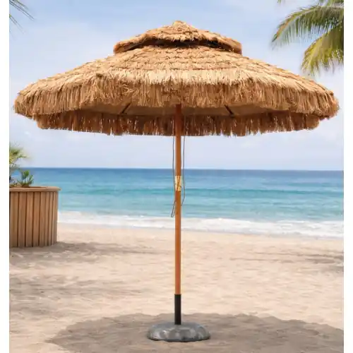 Produit De Marque Parasol de jardin – LUSAKA-270 – Bois de hêtre – Couverture rafia naturelle – HEVEA