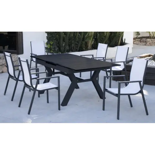 Authentique Salon à manger de jardin avec table extensible aluminium – SANTANIA-SIDNEY/6 – Finition anthracite – Assises textilène blanc – 6 – HEVEA