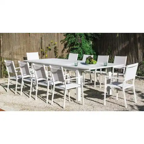 Bon Marché Salon à manger de jardin avec table extensible – CAMELIA ALU EXT 220-300 CORCEGA/10 – Finition blanc – Assises textilène blanc – – HEVEA
