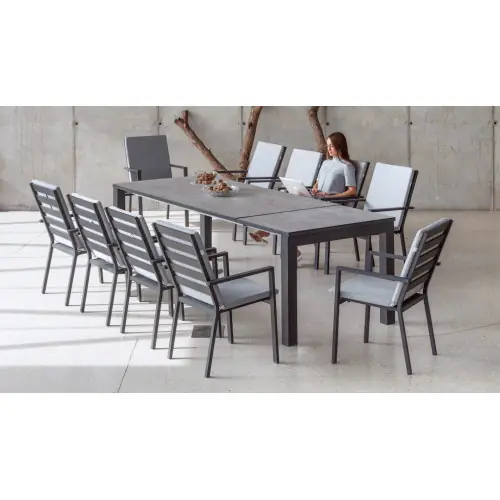 Salon à manger de jardin - BAIRON 200/275 HPL PALMA-3 LUX - Table extensible HPL - Fauteuils avec coussins complets - 10 places - HEVEA Vente Directe