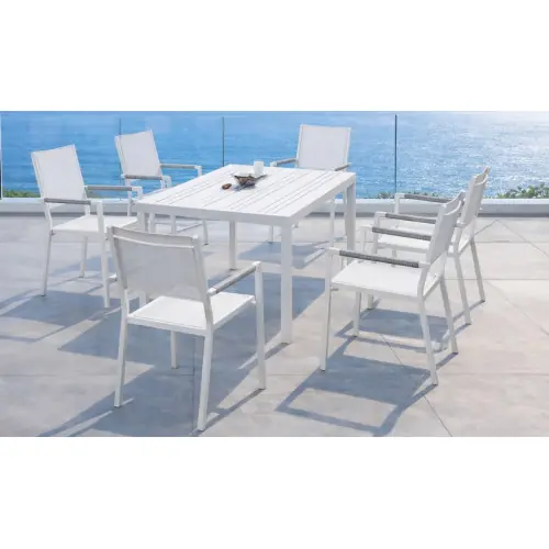 Salon à manger de jardin - NALOA 200 ALU MOASIS/6 - Table aluminium - Fauteuils textilène avec accoudoirs tressés - 6 places - HEVEA Commander Vite