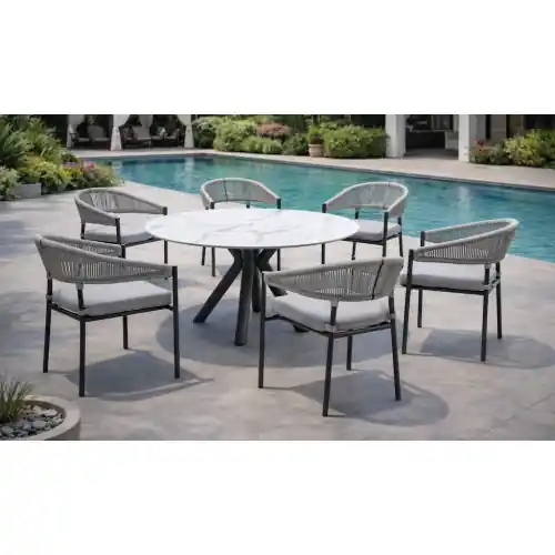 Vente Directe Salon à manger de jardin – PALAWAN 150 HPL ESPINEL/6 – Table ronde HPL – Fauteuils avec coussins LUX – 6 places – HEVEA