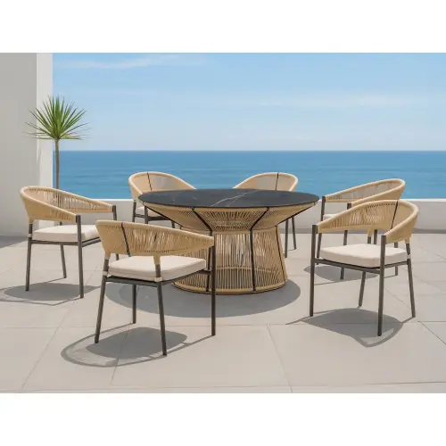 Top Vente Salon à manger de jardin - RHODOS 150 HPL ESPINEL/6 - Table ronde HPL - Fauteuils avec coussins LUX - 6 places - HEVEA