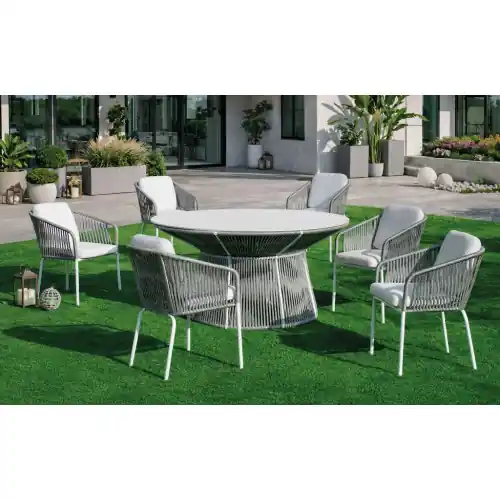 Commande En Gros Salon à manger de jardin - RHODOS 150 HPL TULIP/6 - Table ronde HPL - Fauteuils avec coussins LUX - 6 places - HEVEA