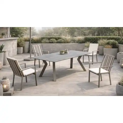 Paiement Sécurisé Salon à manger de jardin - VENETO HPL 220 PAOLA/6 - Plateau HPL imitation pierre - Assises coussin luxe - 6 places - HEVEA