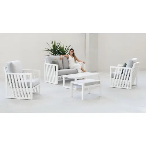 Salon de jardin - ABIGEIL-7+1 SET SOFA 2 PLAZAS LUX - Aluminium finition blanc - Coussins tissu Cloud gris clair - 4 à 5 places - HEVEA Solde
