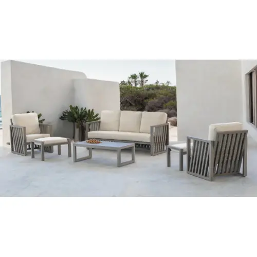 Salon de jardin - ABIGEIL-8 SET SOFA 3 PLAZAS LUX - Aluminium finition champagne - Coussins tissu Marfil beige - 4 à 6 places - HEVEA Meilleur Choix