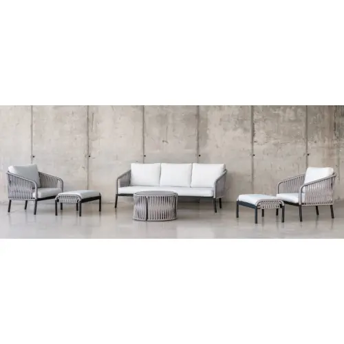 Meilleure Vente Salon de jardin avec corde - YINA-10 LUX - Aluminium anthracite - Corde grise - Coussins tissu Liso blanc - 6 à 7 places - HEVEA
