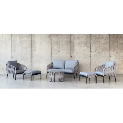 Salon de jardin avec corde - YINA-9 LUX - Aluminium anthracite - Corde grise - Coussins tissu Cloud gris clair - 4 à 6 places - HEVEA Nouvelle Collection