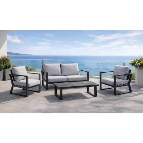 Quantité Limitée Salon de jardin - BOLONIA-7 LUX - Aluminium anthracite - Table basse bois - Coussins tissu Cloud gris clair - 4 à 5 places - HEVEA