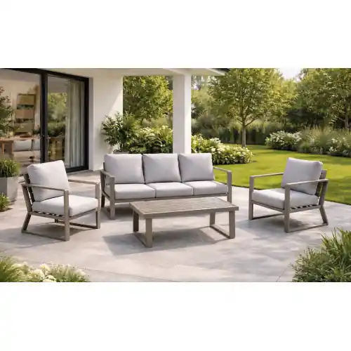 Salon de jardin - BOLONIA-8 LUX - Aluminium champagne - Table basse bois - Coussins tissu Cloud gris clair - 4 à 6 places - HEVEA Produit De Marque