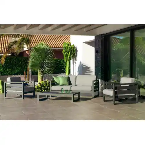 Acheter En Ligne Salon de jardin – COSMOS-7 LUX – Aluminium anthracite – Coussins tissu Cloud gris clair – 4 à 5 places – HEVEA