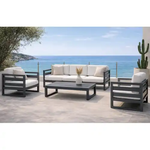 Bon Marché Salon de jardin - COSMOS-8 LUX - Aluminium anthracite - Coussins tissu Liso blanc - 4 à 6 places - HEVEA