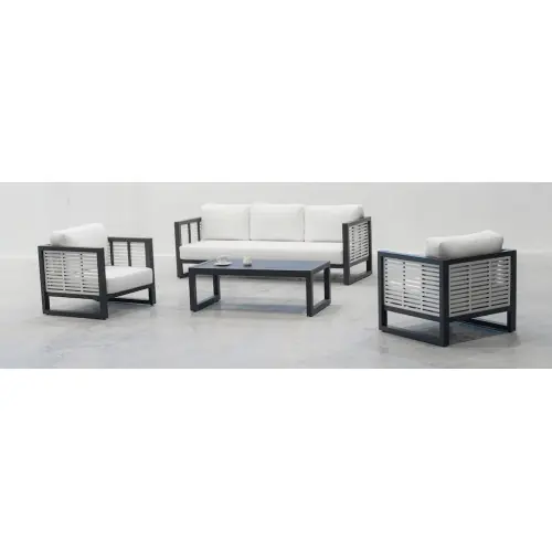 Pas Cher Salon de jardin - MARIET-8 SET SOFA 3 LUX - Aluminium anthracite/blanc - Coussins tissu Liso blanc - 4 à 6 places - HEVEA