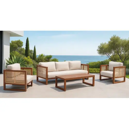 Salon de jardin - MARIET-8 SET SOFA 3 LUX - Aluminium marron/melocoton - Coussins tissu Liso blanc - 4 à 6 places - HEVEA Promotion Saisonnière