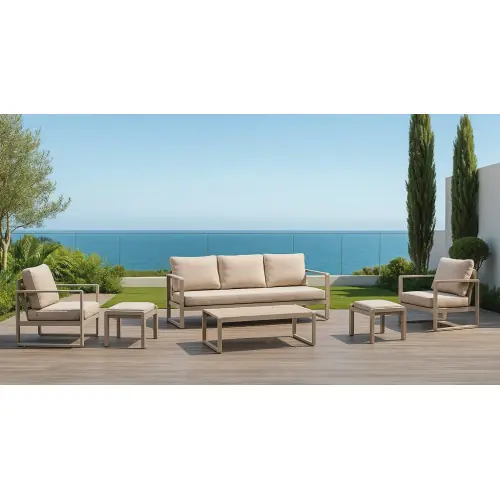 Salon de jardin sofa aluminium - DESIRA-10 LUX - Finition nude - Coussins Rosini beige foncé - 4 à 8 places - HEVEA Promotion