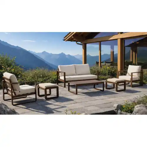 Promotion Salon de jardin sofa aluminium - DESIRA-7 LUX MESA120 - Marron - Coussins Marfil beige - 4 à 5 places - HEVEA