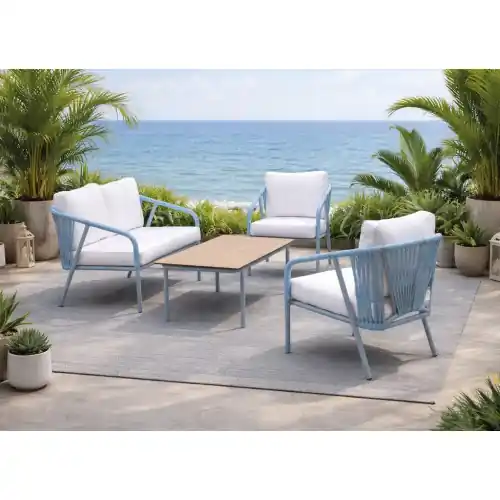 Salon de jardin sofa aluminium et corde - MELBOURNE-7 LUX - Finition azul avec corde azul et plateau HPL Maderma - Coussins Liso - HEVEA Produit De Marque