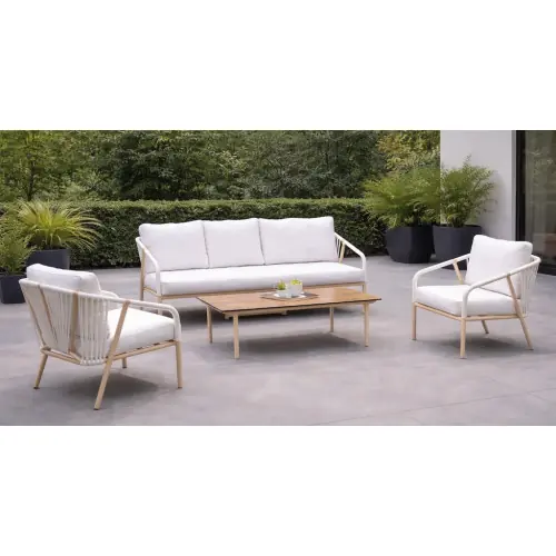 Salon de jardin sofa aluminium et corde - MELBOURNE-8 LUX - Finition mélocoton avec corde blanche et plateau HPL Maderma - Couss - HEVEA Dernière Chance