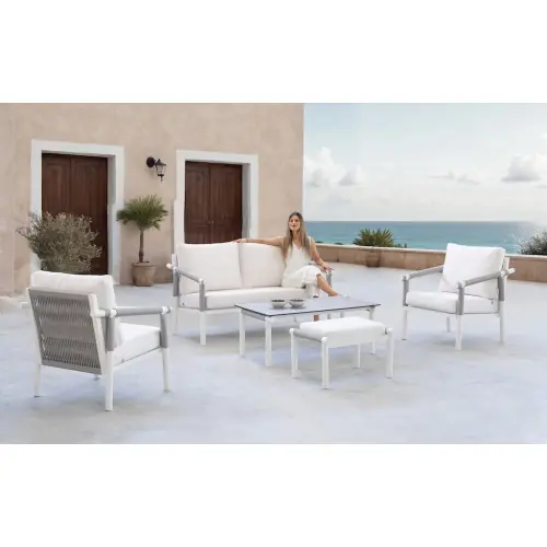 Salon de jardin sofa aluminium et corde - MERLOT-7 LUX - Finition blanc avec corde grise et plateau HPL Argenta - Coussins Liso - HEVEA Offre Du Jour