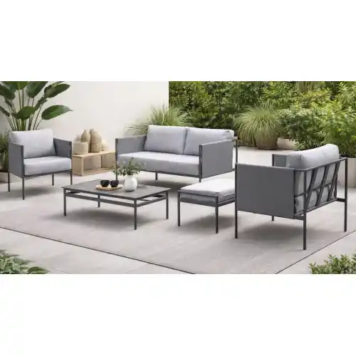 Salon de jardin sofa aluminium - LUBLIAN-8+1 LUX - Finition anthracite avec plateau HPL Argenta - Coussins Cloud gris clair - 4 - HEVEA Jusqu'à Épuisement Des Stocks