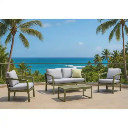 Salon de jardin sofa aluminium - PORTOFINO-7 LUX - Finition verte - Coussins Cloud gris clair - 4 à 5 places - HEVEA Expédition Rapide