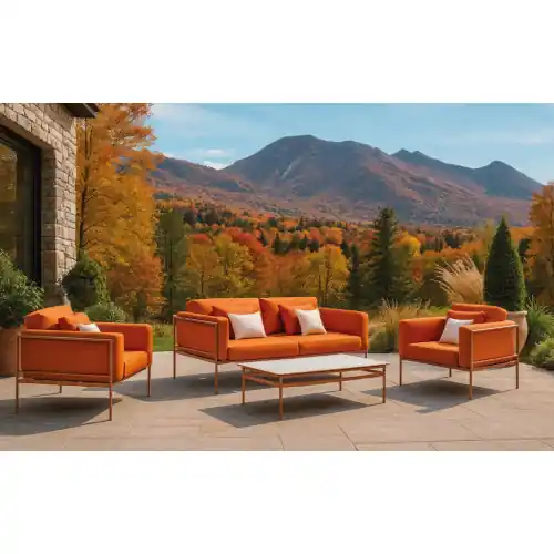 Salon de jardin sofa - ANDROS-7 COUSSIN LUX - Aluminium finition madera tropical - Coussins tissu terracota - 4 à 5 places - HEVEA Achetez Aujourd'hui