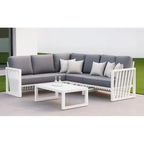 Vente Flash Salon de jardin Sofa Corner – ABIGEIL-28 SET RINCONERA LUX – Aluminium blanc – Coussins tissu Madelem gris foncé – 4 à 6 places – HEVEA