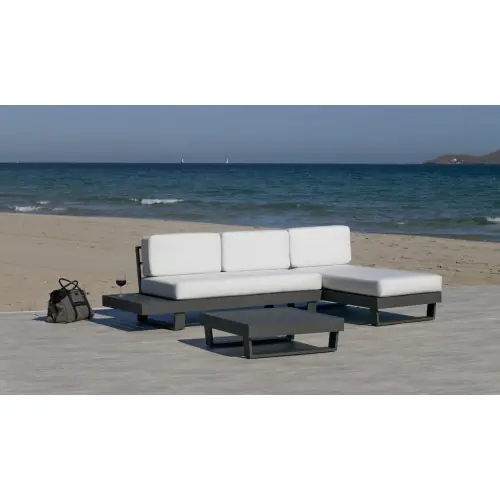 Salon de jardin Sofa Corner avec méridienne - MENFIS-99 LUX - Aluminium anthracite - Coussins tissu Liso blanc - 4 à 6 places - HEVEA Authentique