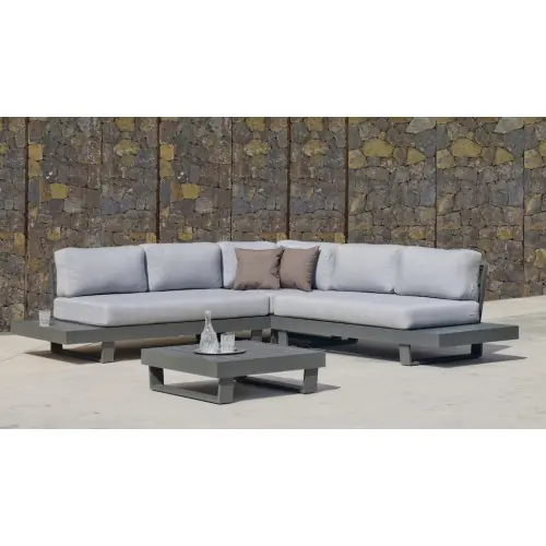 Salon de jardin Sofa Corner - MENFIS-7 LUX - Aluminium anthracite - Coussins tissu Cloud gris clair - 4 à 6 places - HEVEA Dernier Modèle