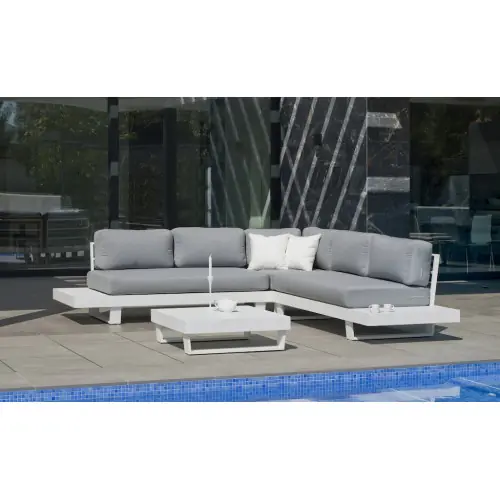 Salon de jardin Sofa Corner - MENFIS-7 LUX - Aluminium blanc - Coussins tissu Cloud gris clair - 4 à 6 places - HEVEA Meilleur Prix