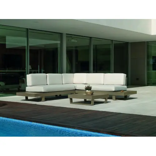 Salon de jardin Sofa Corner - MENFIS-7 LUX - Aluminium champagne - Coussins tissu Liso blanc - 4 à 6 places - HEVEA Bon Plan